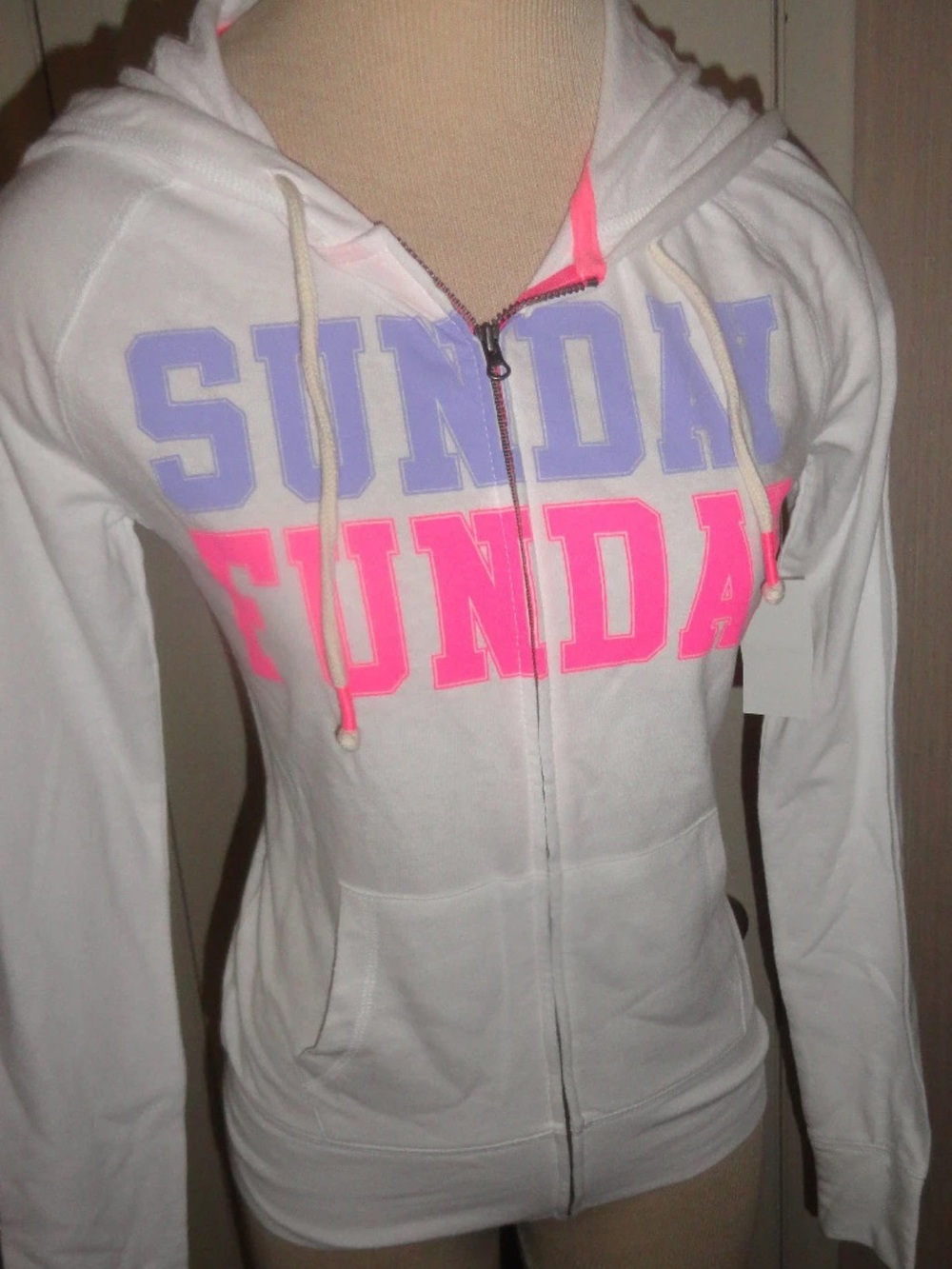 White Zip-Up Hoodie with Pink & Lavender 'Sunday Funday' Graphic